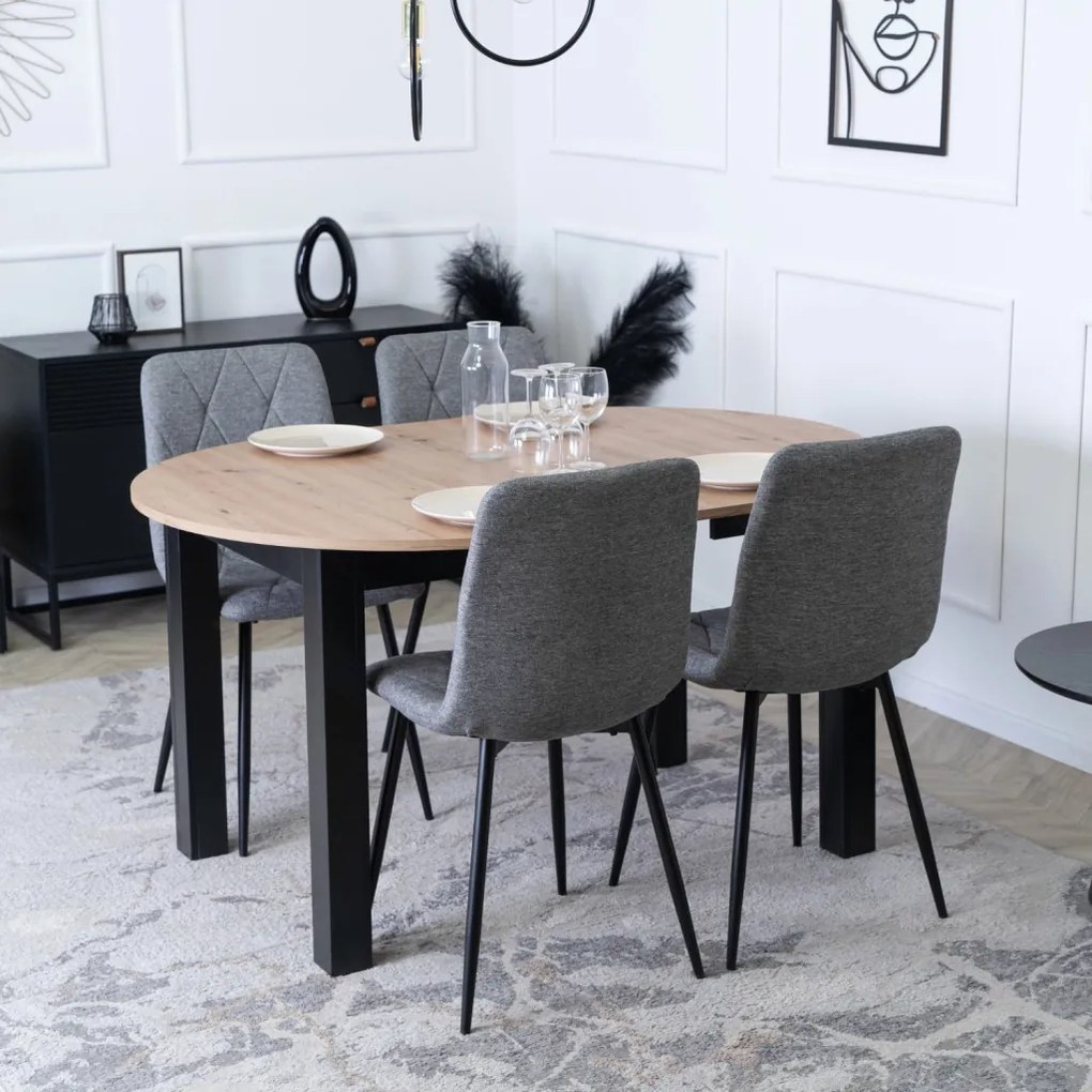 Étkezőszett HARRY asztal 102–142 cm artisan tölgy/fekete + 4 ROBIN 2 szék szürke