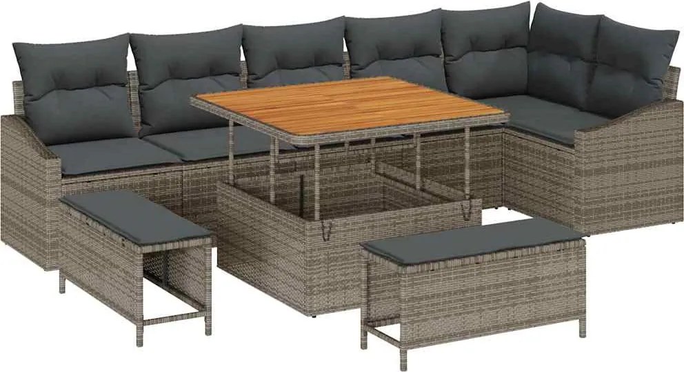 vidaXL Kerti Kanapé Szett párnával 9 pcs Szürke polirattan