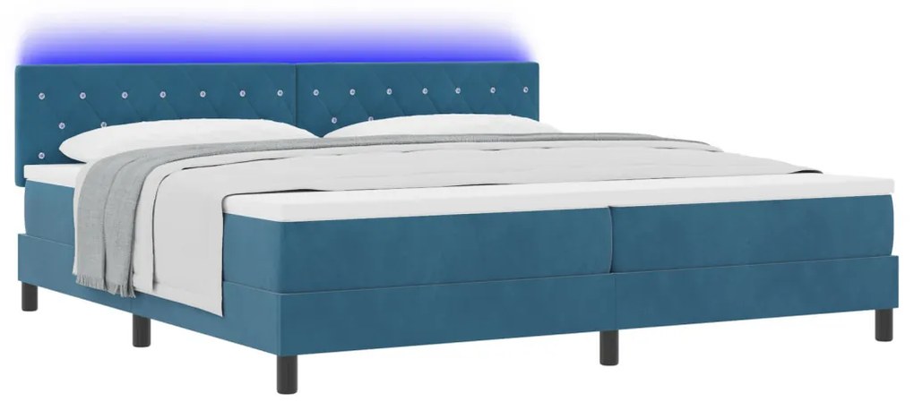 Boxspring Ágy Mattal & LED Sötétkék 200x200 cm Bársony