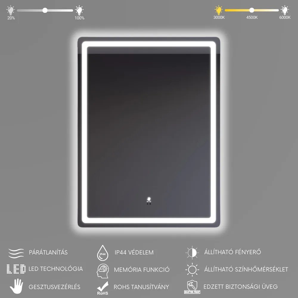 Álló fürdőszobai LED tükör 70x90cm | Gesztusvezérlés - Páramentesítő - Fényerő és színhőmérséklet szabályozás | Welland Type20V