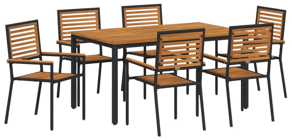 7 darabos kerti étkezőszett Fekete Polyrattan Akác, Egymásra rakható kerti székek párnákkal 2 db Fekete Polyrattan, Kerti asztal 150x90x75 cm Masszív Akácfa és Fém