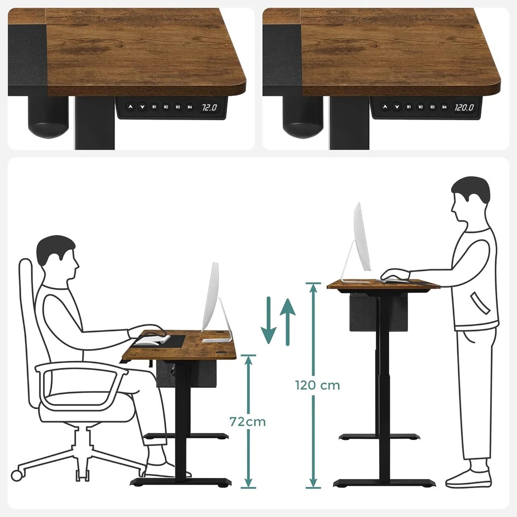 Állítható magasságú elektromos íróasztal memória funkcióval 120x60 cm, vintage barna/alapfekete