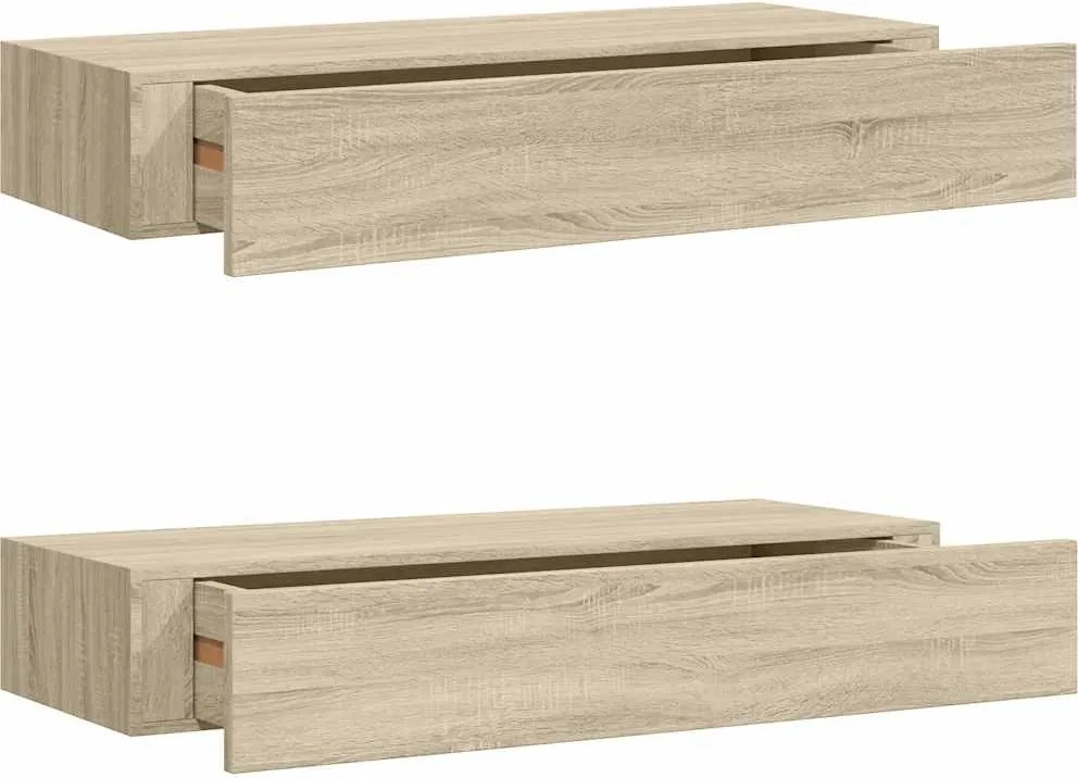 vidaXL 2 db tölgyszínű MDF falra szerelhető fiókos polc 60x23,5x10 cm