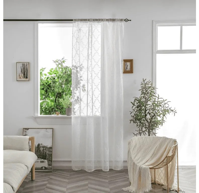 Fehér VINTORA függöny levélmintával 140x250 cm Felfüggesztés: Hullámos sínszalag