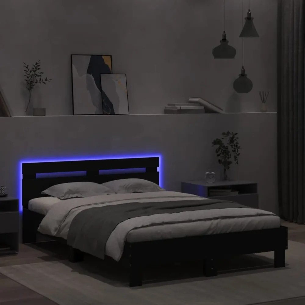 fekete ágykeret fejtámlával és LED-del 120 x 200 cm