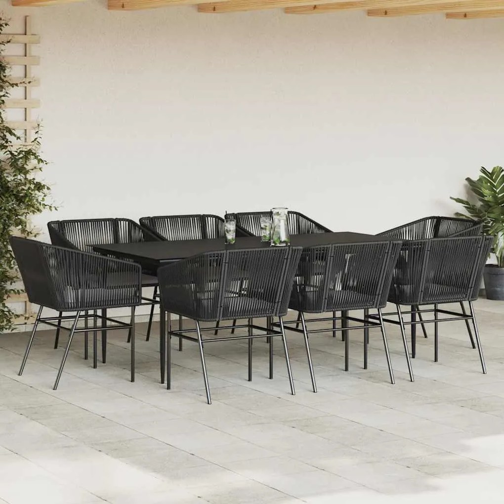 9 részes fekete polyrattan üveg kerti étkezőgarnitúra párnákkal