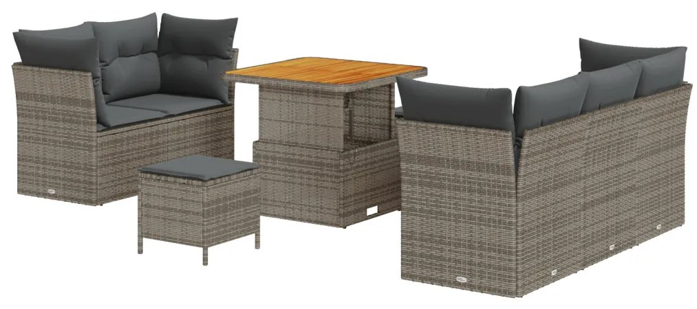 8 Részes Kerthelység Kanapé Szett Párnákkal Szürke Műrattan Acacia, 3 Részes Kerti Étkező Szett Párnákkal Szürke Műrattan Acacia