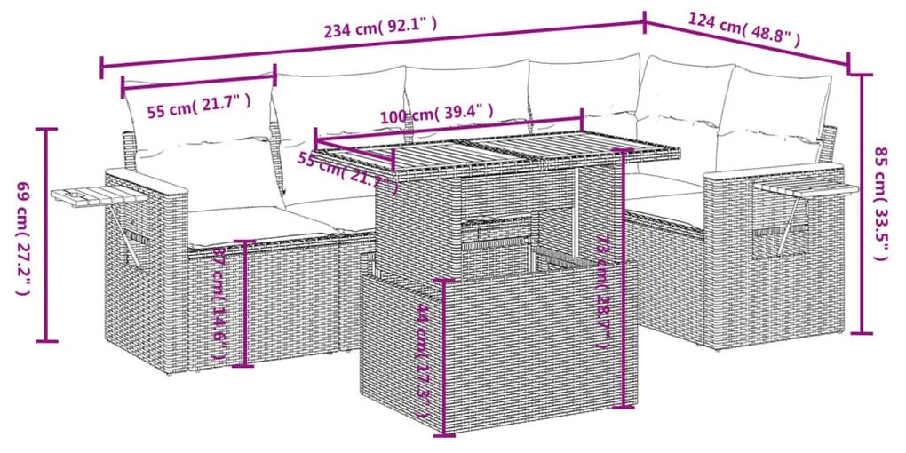 6 részes szürke polyrattan kerti ülőgarnitúra párnákkal