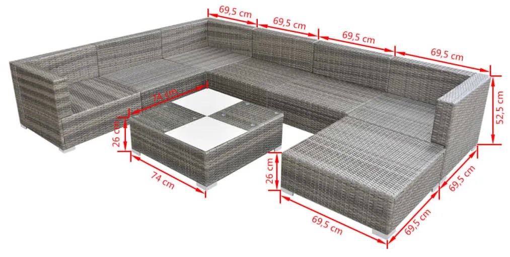 8-részes szürke polyrattan kerti bútorszett párnákkal