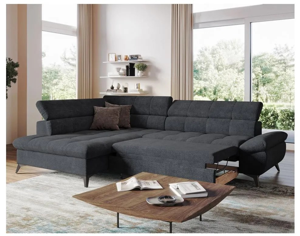 Fekete MARANO balos L-alakú kihajtható sarokkanapé