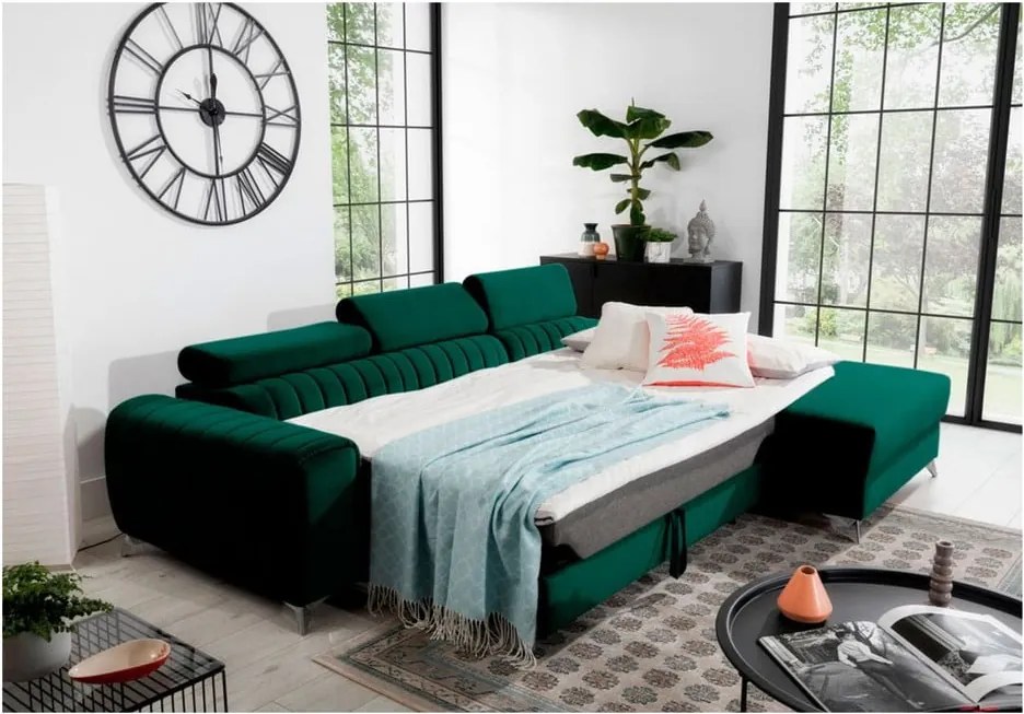 Zöld bársony kinyitható-tárolóhelyes sarokkanapé (jobb oldali-heverő résszel) Grayson – ELTAP