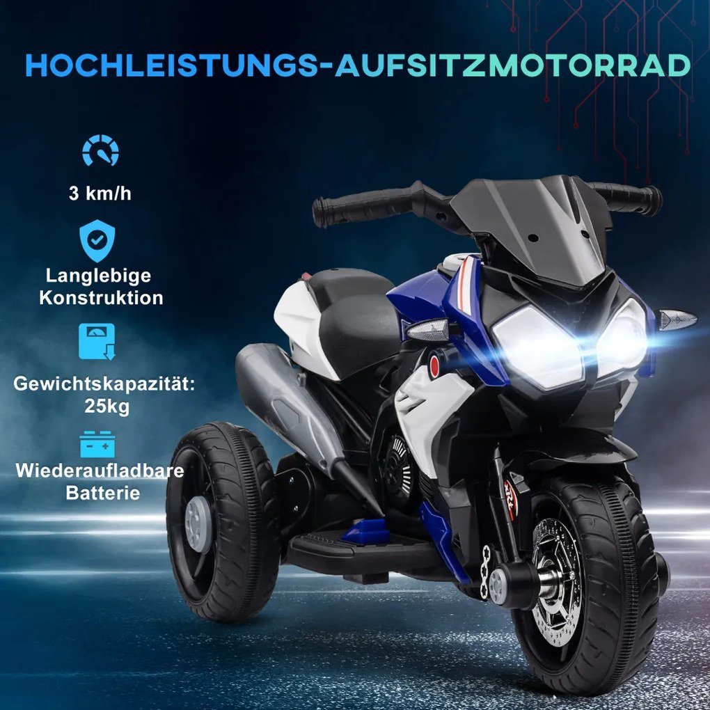 HOMCOM Elektromos Gyerekmotor, fények és hangok, 3 km/h, újratölthető, műanyag és fém, kék-fehér