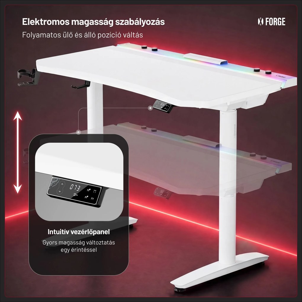 Elektromos RGB gamingasztal tartókkal, fehér, 120 cm: Diablo X-Forge 1200