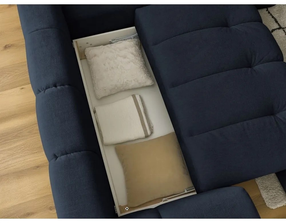 Sötétkék kinyitható-tárolóhelyes sarokkanapé (jobb oldali-L alakú) Fuji – Bobochic Paris