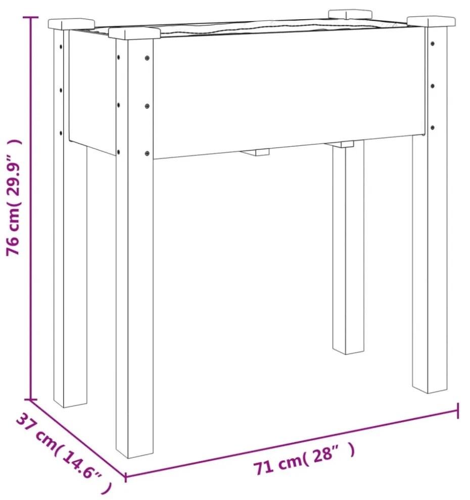 szürke tömör fenyőfa kerekes ültetőláda béléssel 71x37x80 cm