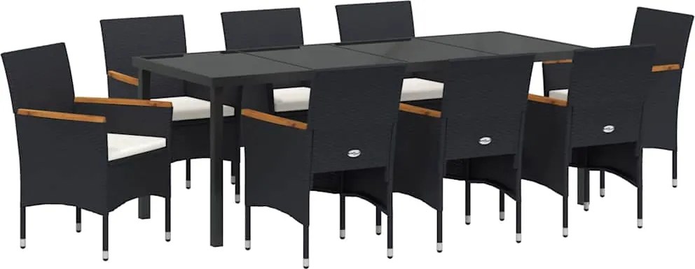 vidaXL Kert étkező szett párnával 9 pcs Fekete polirattan