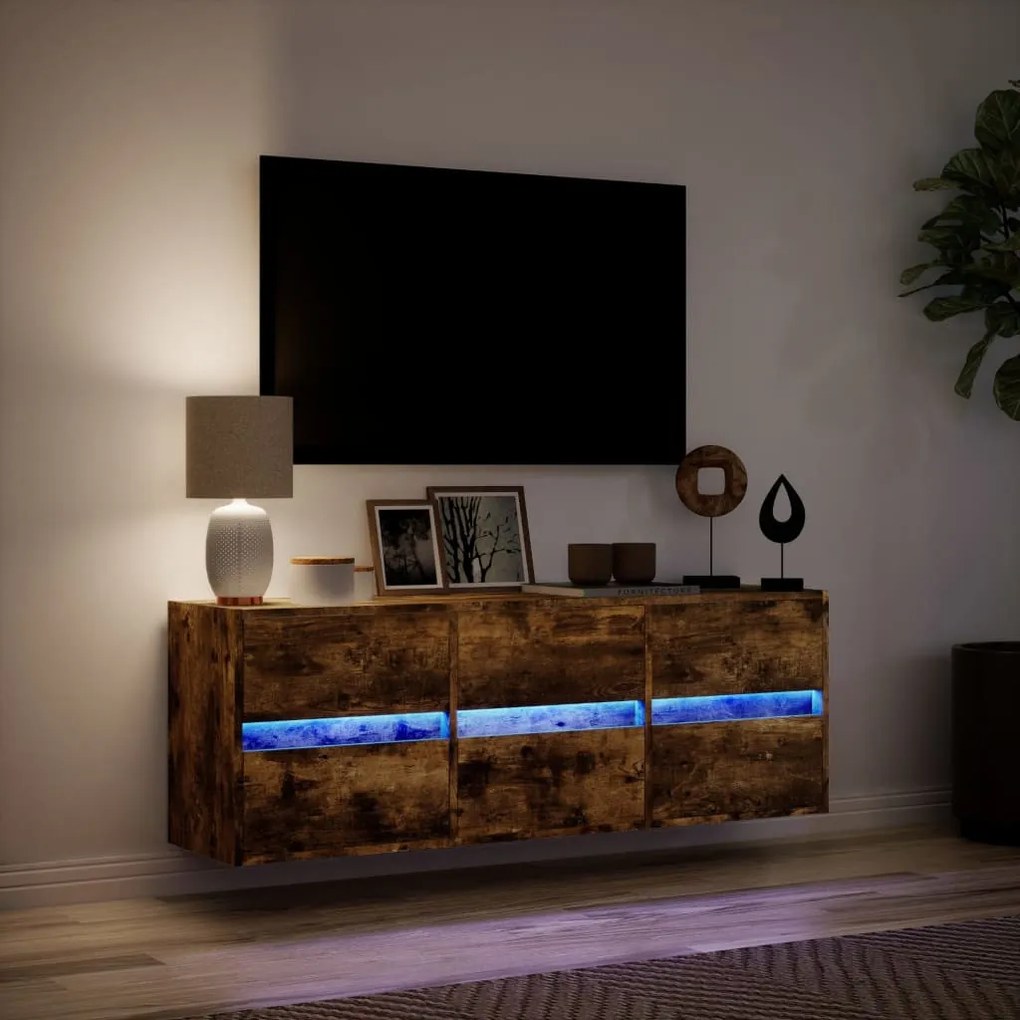 füstös tölgy színű fali TV-szekrény LED-ekkel 130x31x45 cm