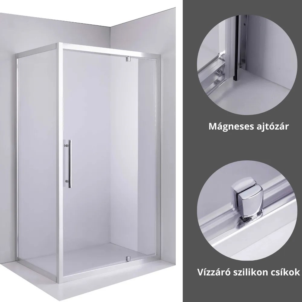 Stuxi Torino 80x90 aszimmetrikus szögletes nyílóajtós zuhanykabin 6 mm vízlepergető biztonsági üveggel, króm elemekkel, 200 cm magas