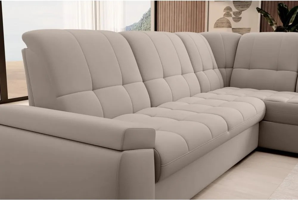 Bézs bársony kinyitható-tárolóhelyes sarokkanapé (jobb oldali-L alakú) Sado – ELTAP