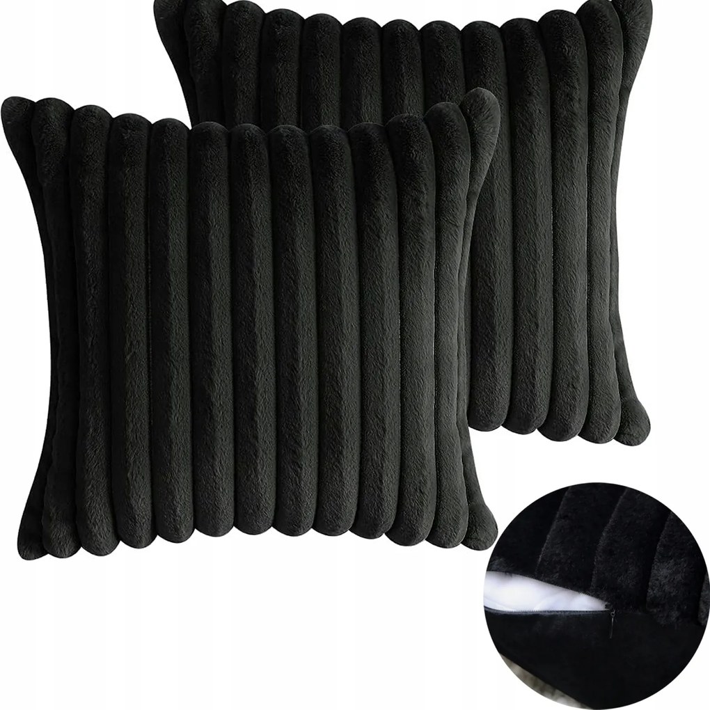 Plüss Párnahuzat Fekete Dombornyomott Csíkos Dekoratív Puha 50X50