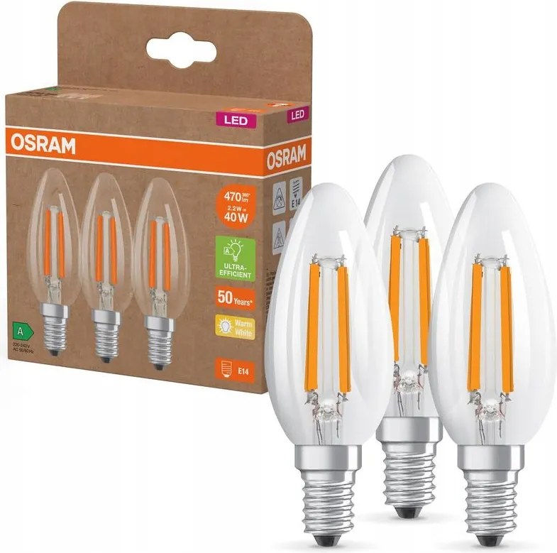 3x Led izzó B35 E14 470lm 2700K 214lm/W Classic Energy Efficiency Osram