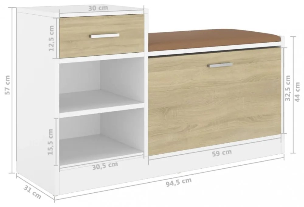fehér és sonoma tölgy szerelt fa cipőtároló pad 94,5x31x57 cm