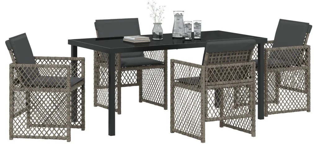 5 Részes Kerti Étkező Szett Párnákkal Szürke Polyrattan