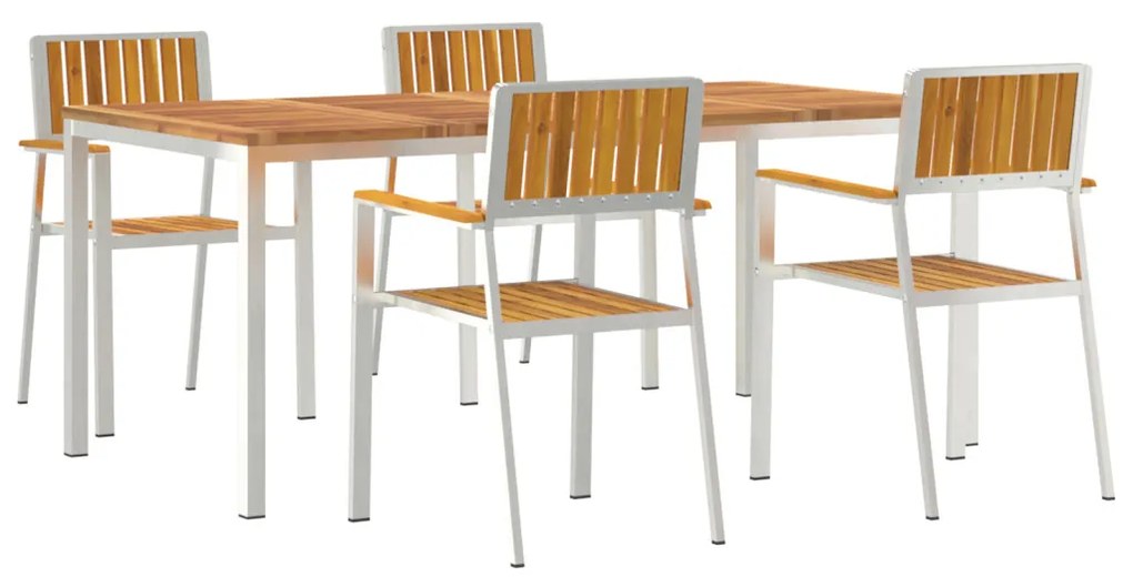 5 darabos kert étkező szett tömör akácfa, kültéri étkező asztal 180x90x75 cm tömör akácfából, rakásolható kert székek 4 db tömör akácfa és fém