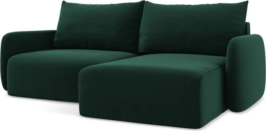 Sötétzöld bársony kinyitható-tárolóhelyes sarokkanapé (jobb oldali-heverő résszel) Kalena – Makamii