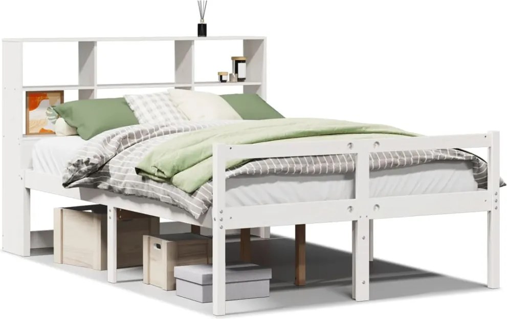 vidaXL fehér tömör fenyőfa könyvespolcos ágy matrac nélkül 140x190 cm