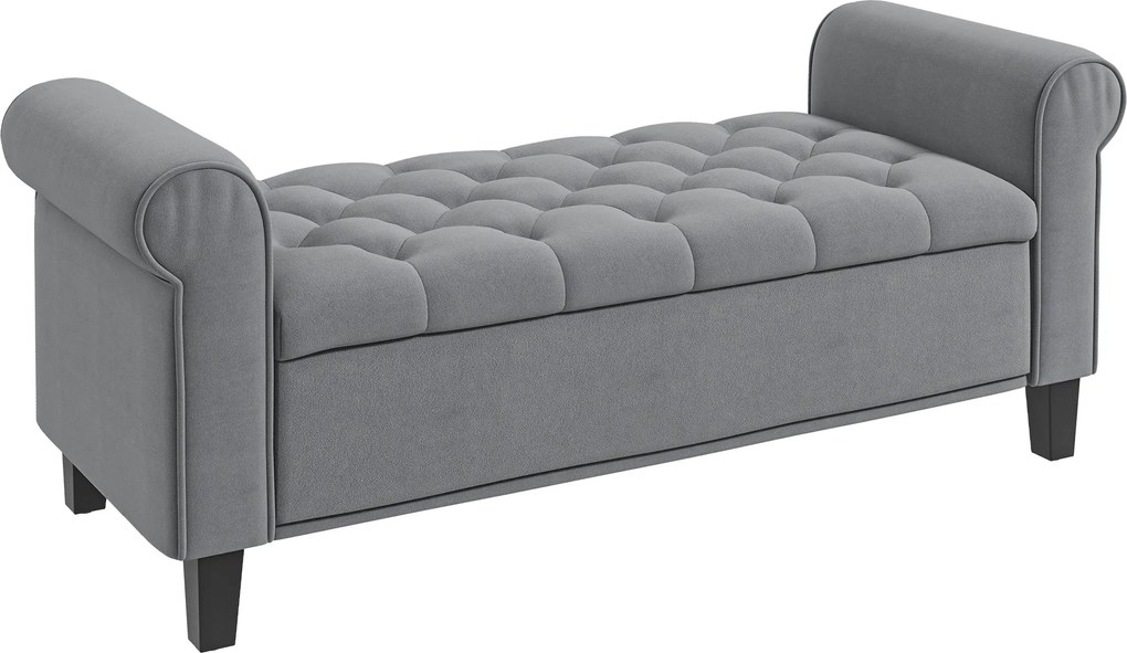 HOMCOM Párnázott Pad, Ágyvég Pad, Ülőpad Velúrból, Előszobai Pad Tárolóval a Hálószobához, 120 kg-ig Terhelhető, Szürke, 126 x 48,5 x 57 cm | Aosom