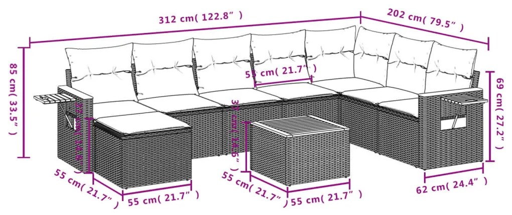 9 részes fekete polyrattan kerti ülőgarnitúra párnákkal