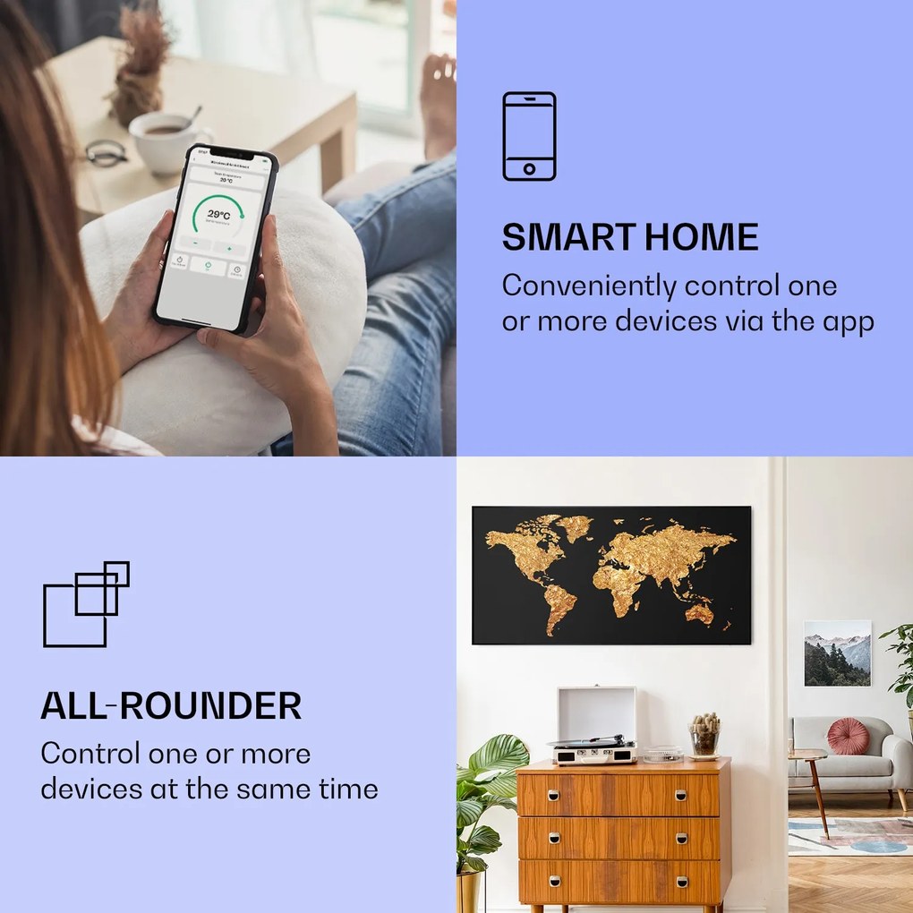 Klarstein Wonderwall Air Art Smart, infravörös hősugárzó, 120 x 60 cm, 700 W, arany térkép