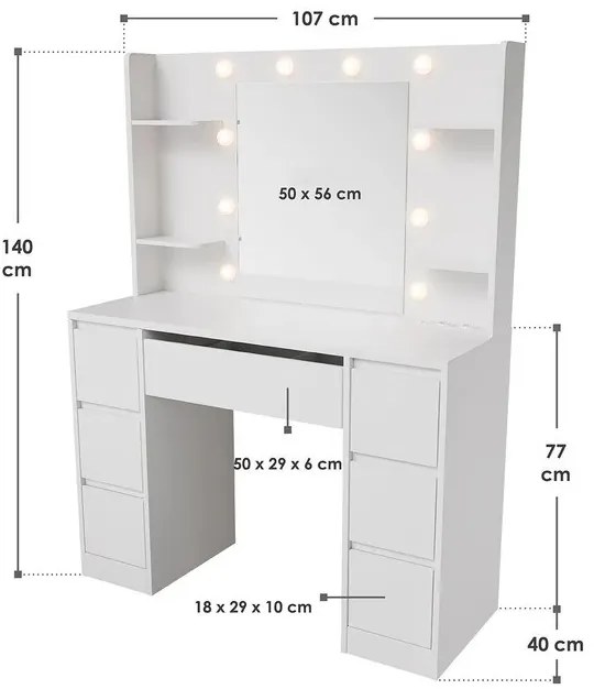 Juskys Malia toalettasztal LED világítással - fehér