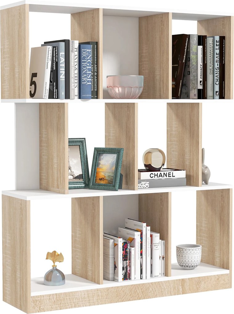 HOMCOM 8-Szintes Mobil Könyvespolc Nappalira és Hálószobába, Modern Forgácslap Könyvespolc, 100x24x124 cm, Fehér és Tölgy | Aosom