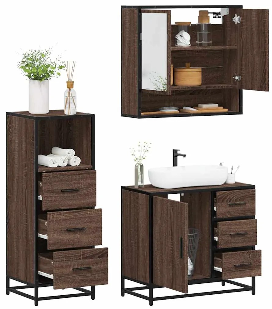 3 részes barna tölgy színű szerelt fa fürdőszobai bútorszett