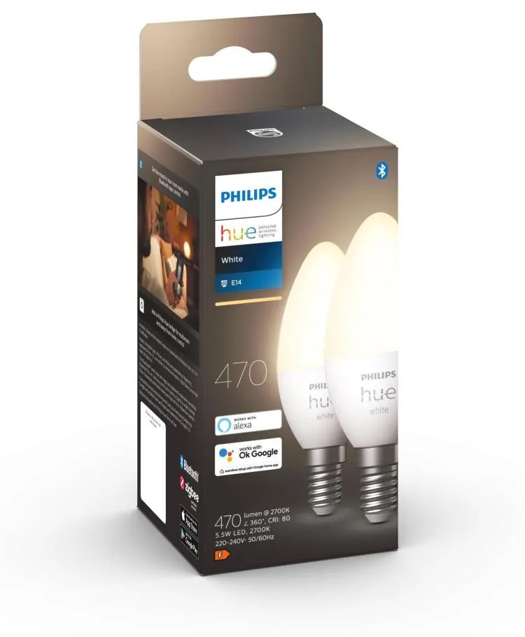 Philips Hue White B39 E14 LED gyertya fényforrás 5,5W, 2700K, 470 lm, 220-240V, 2 db