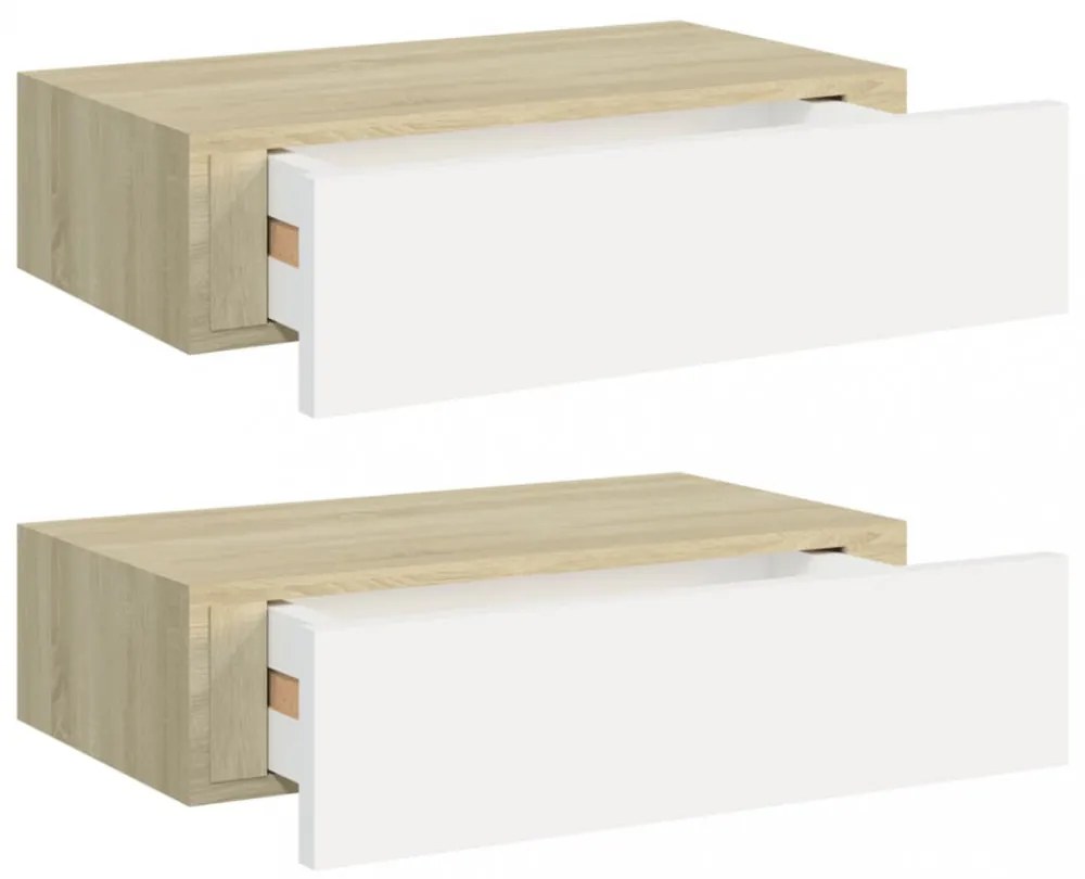 2 db tölgyszínű és fehér MDF fiókos fali polc 40 x 23,5 x 10 cm