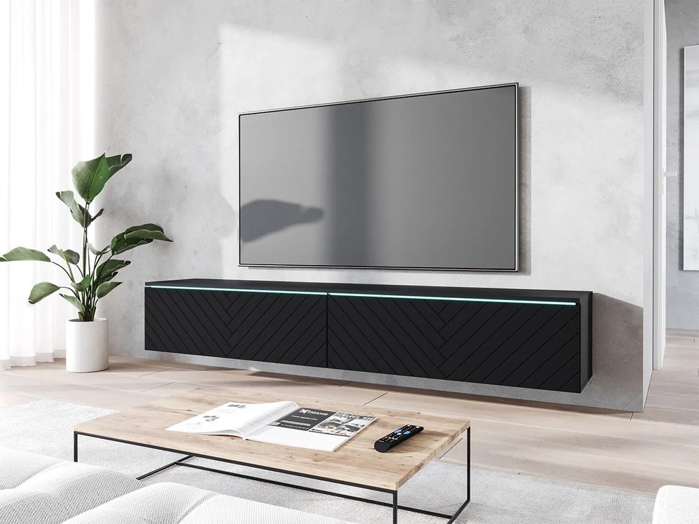 TV szekrény Dlana 180 MDF (fekete grafit + halcsont fekete) (fehér LED világítás). 1106209