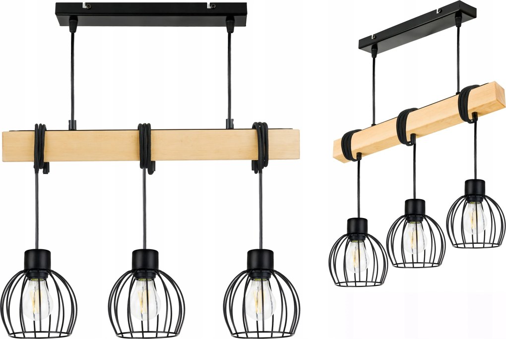 Lámpa fa függeszték mennyezeti Csillár Túlnyúlás Loft Fekete Drót 3xE27