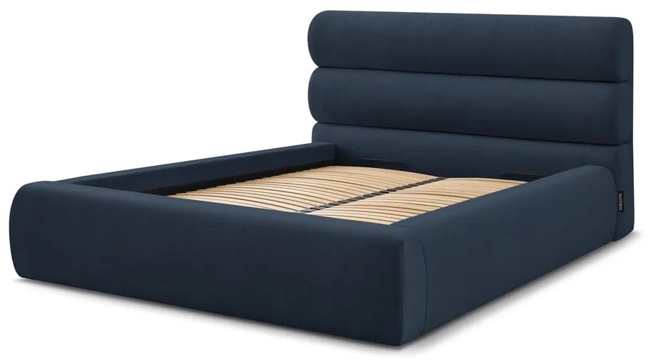 Sötétkék kárpitozott franciaágy tárolóhellyel, ágyráccsal 160x200 cm Jagna – Bobochic Paris