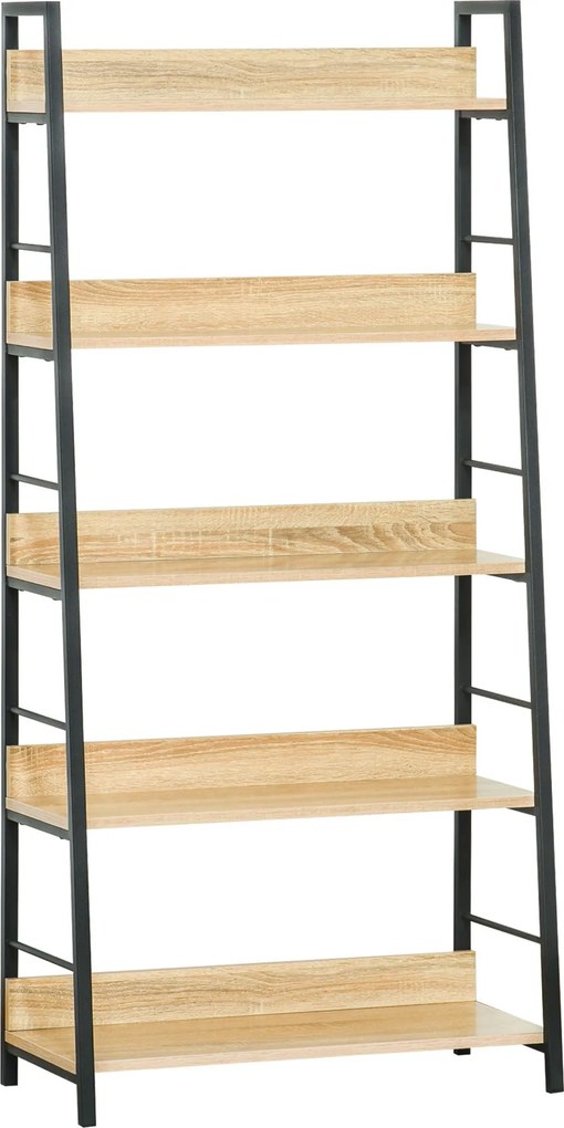 HOMCOM 5-Szintes Könyvespolc Nappali Sarokpolc Fém Állvánnyal 25 kg Teherbírás Az Irodához Tanulmányhoz 70x35x149,5 cm Természetes | Aosom