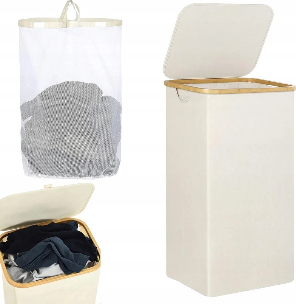 Szennyestartó Kosár 63L összecsukható Bambusz nagy álló tároló