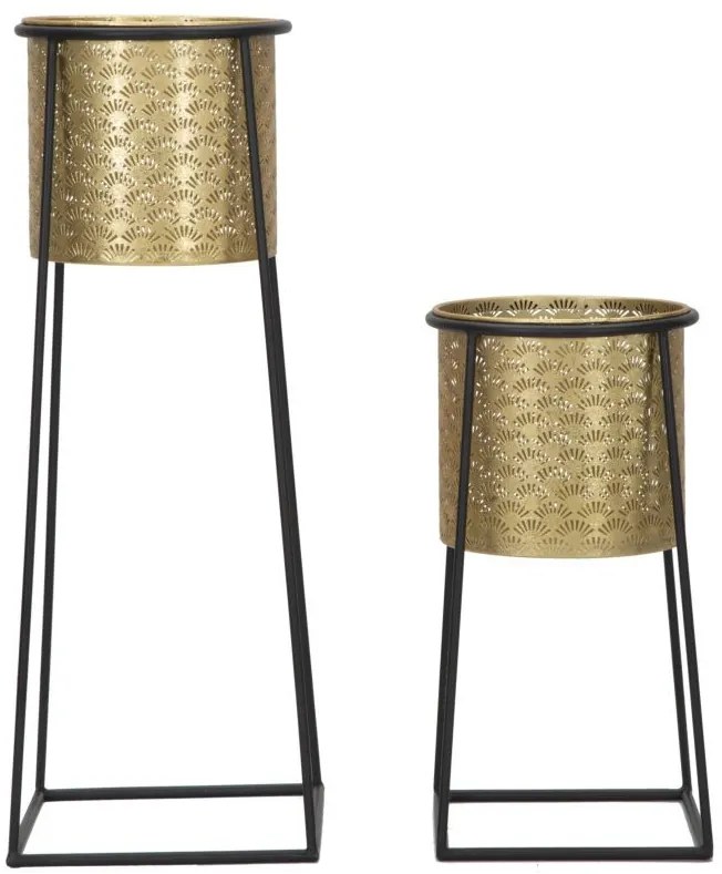 Szögletes 2db-os fekete virágtartó állvány szett áttört arany kaspóval ø 26x70-23x45cm