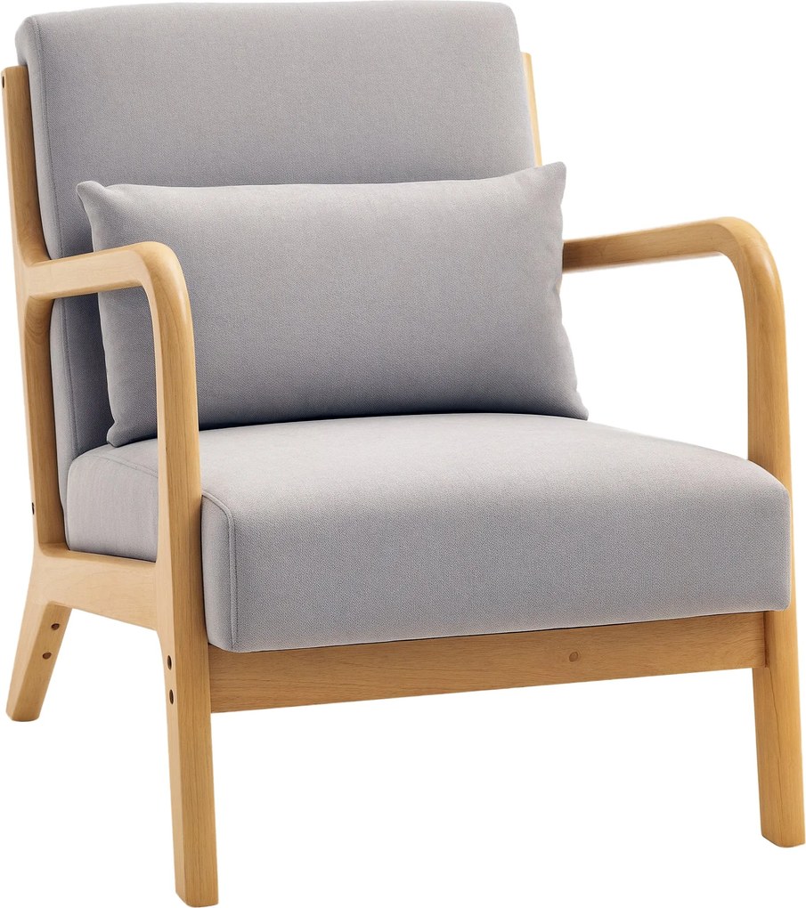 HOMCOM Lounge Fotel Nordic Fotel Nappali Szék Karfával, Párnával és Gumifa Kerettel a Hálószobába, 120 kg Teherbírás, 61x78x76 cm Szürke | Aosom