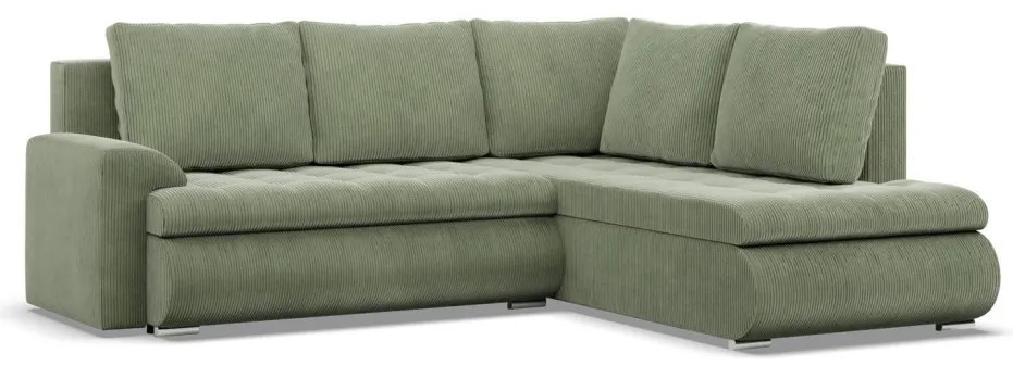 Tokio sarokkanapé, L alakú háttámlával, 2 ágyneműtartóval, kordbársony, jobboldali, zöld