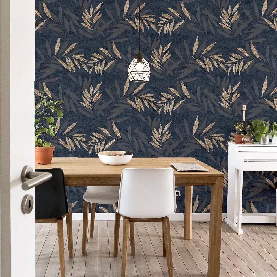 Arthouse Signature 1 Luxury Leaf arany-sötétkék leveles vlies tapéta – 299301