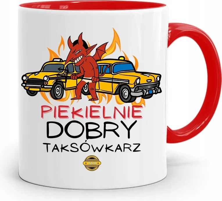 Piros Taxis Bögre Pokolian Jó, fényképes nyomattal