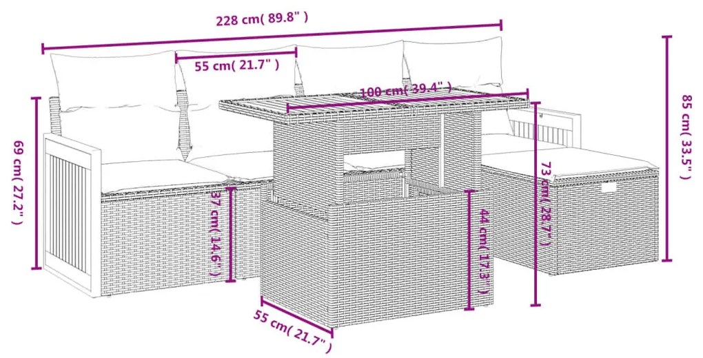 6 részes fekete polyrattan kerti ülőgarnitúra párnákkal