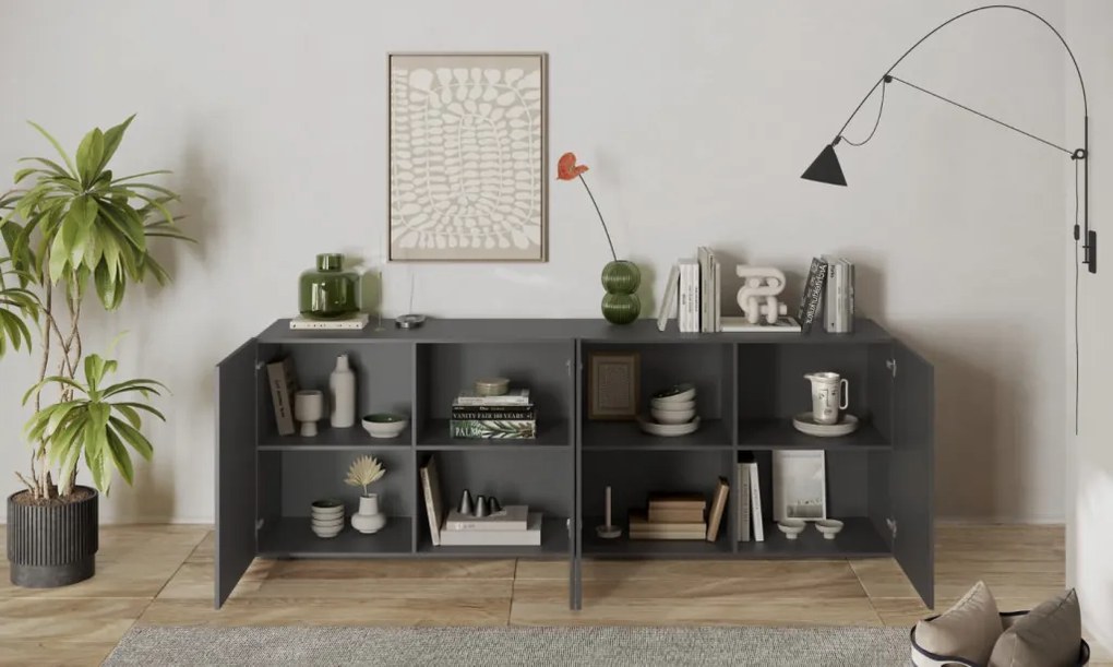 SNAKE négyajtós komód, antracitszürke laminált testtel és antracitszürke, díszített mintázatú előlapokkal